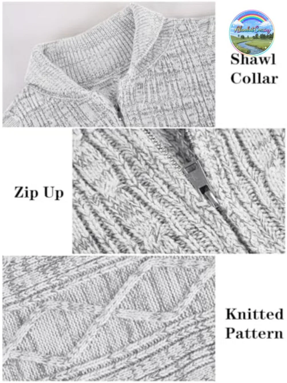 Mens Cable Knit Shawl Collar Zip Up Cardigan Sweater Acrylic